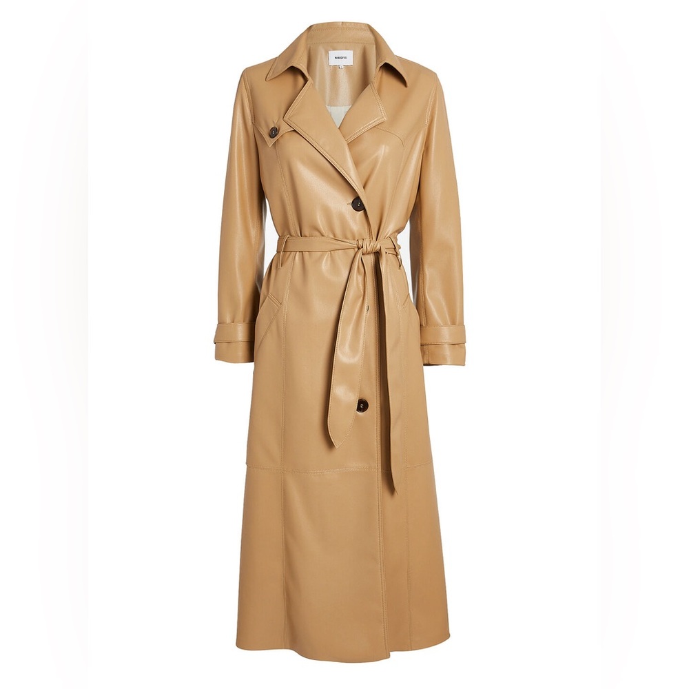 Nanushka Chiara Vegan Leather Trench Coat XS $1200 Tan Belted Tie Waist